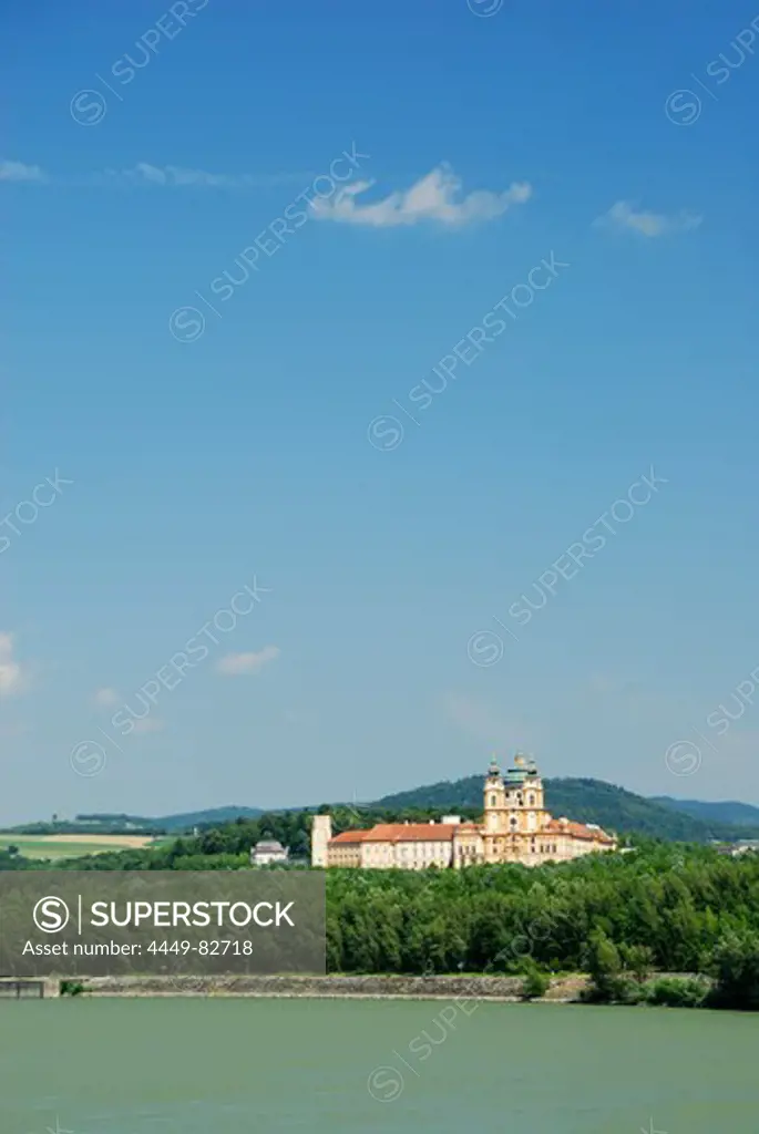 View over Danube river to Melk Abbey, Wachau valley, Lower Austria, Austria
