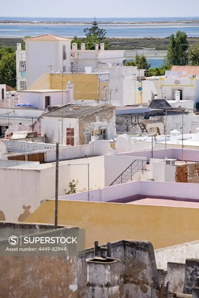 View over the town of Olhao, white houses and roofs, Olhao, Algarve, Portugal