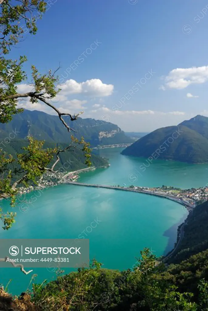 Lake Lugano with dam of Melide, Ticino, Switzerland