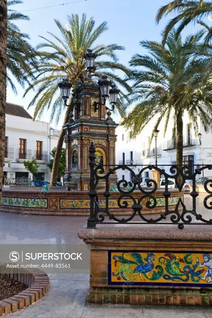 Fountain at the Plaza de Espana in the center of Vejer de la Frontera, Province Cadiz, Andalucia, Spain