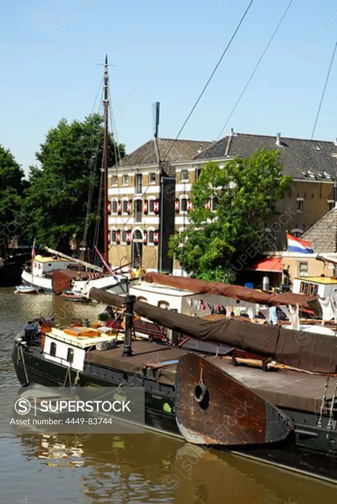 Ships in river port, Gouda, South Holland, The Netherlands