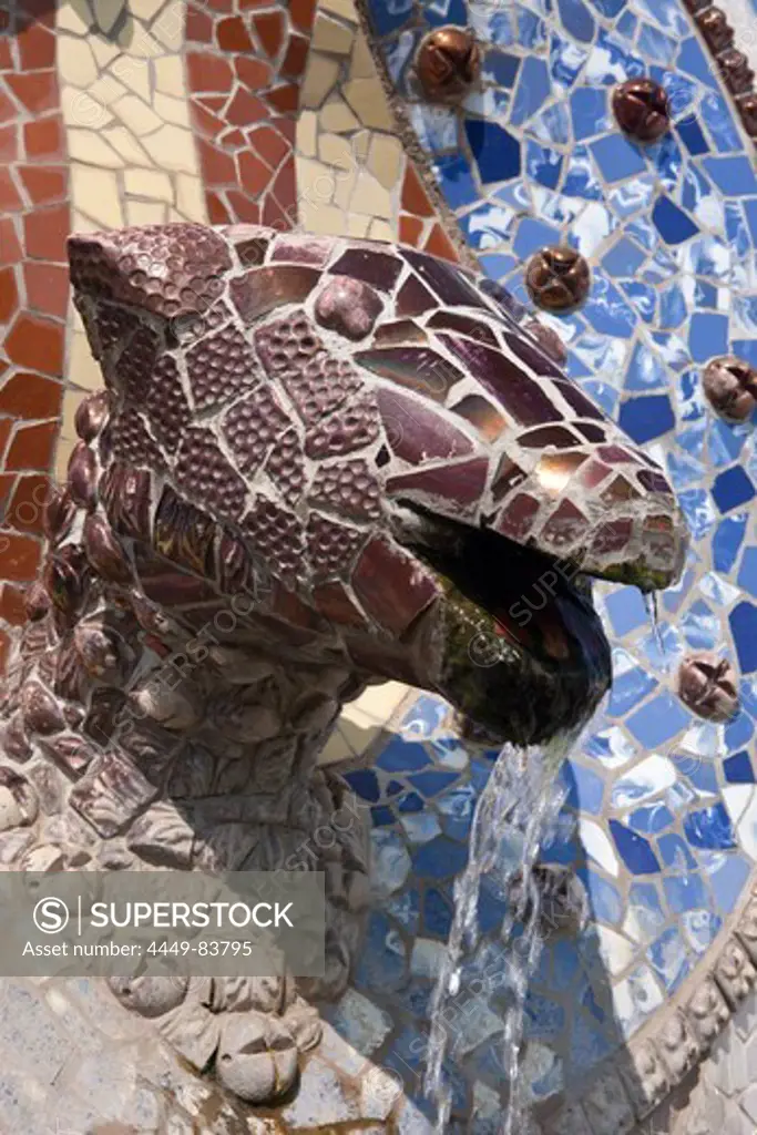 Mosaic Fountain at Park Guell of Architect Antoni Gaudi, Barcelona, Catalonia, Spain