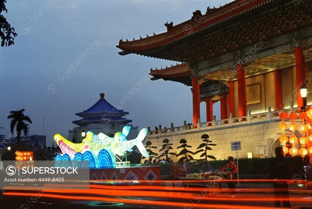 Illuminated National Concert Hall and Chiang Kaishek memorial hall at night, Taipei, Taiwan, Asia
