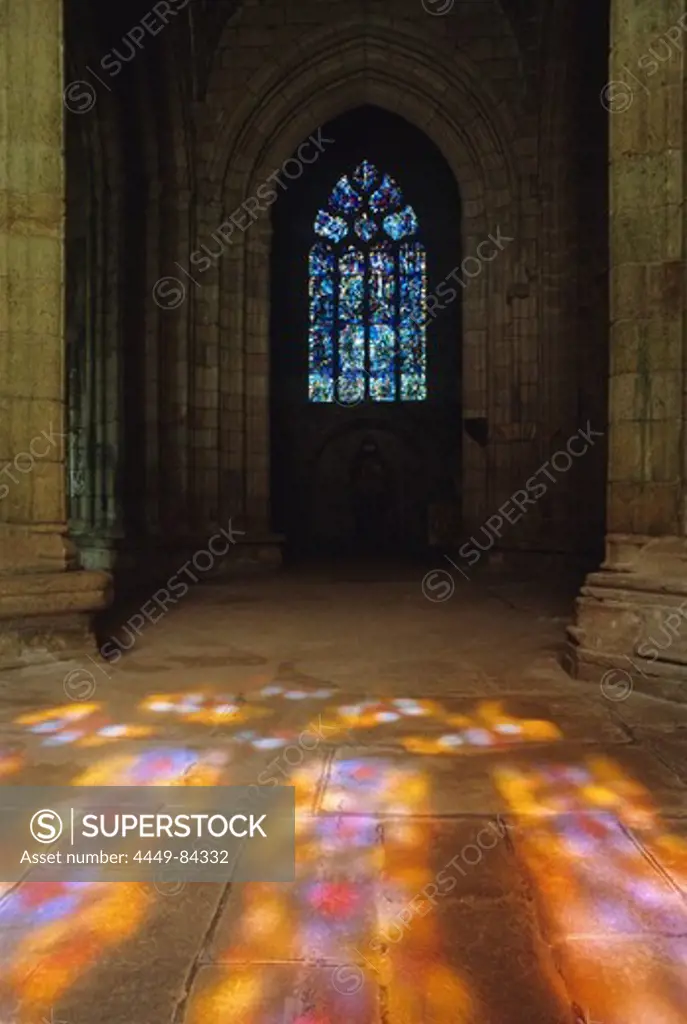 Stained glass window at church Notre Dame de Roscudon, Pont Croix, Brittany, France, Europe