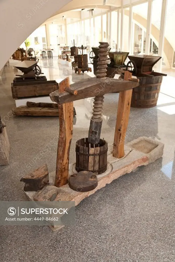 Antique wine press at wine museum Museo del Vino, Berchidda, Sardinia, Italy, Europe