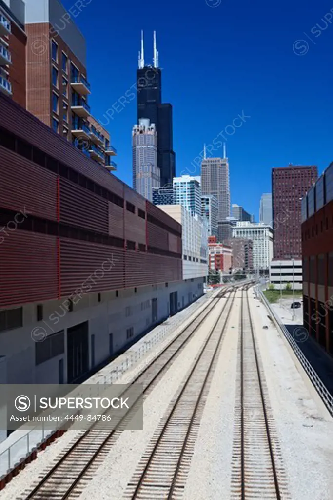 Public transport railway tracks, Willis Tower (formerly Sears Tower) in the background, Chicago, Illinois, USA