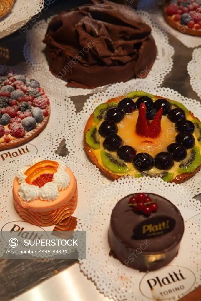 Cakes and tartes on display in Cafe Platti, Turin, Piedmont, Italy