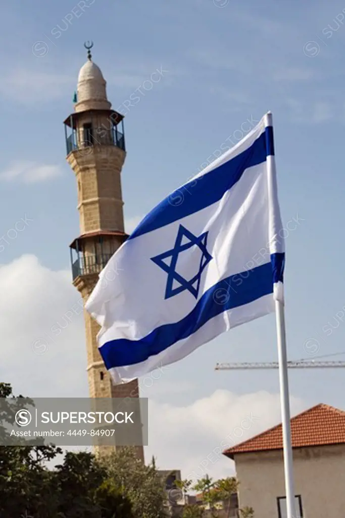 Israeli flag and minaret, Jaffa, Tel Aviv, Israel, Middle East