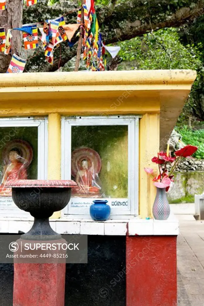 Buddhas statues surrounding the holy Bodhi tree at the Dowa Rock Temple, Ella, Highland, Sri Lanka, Asia