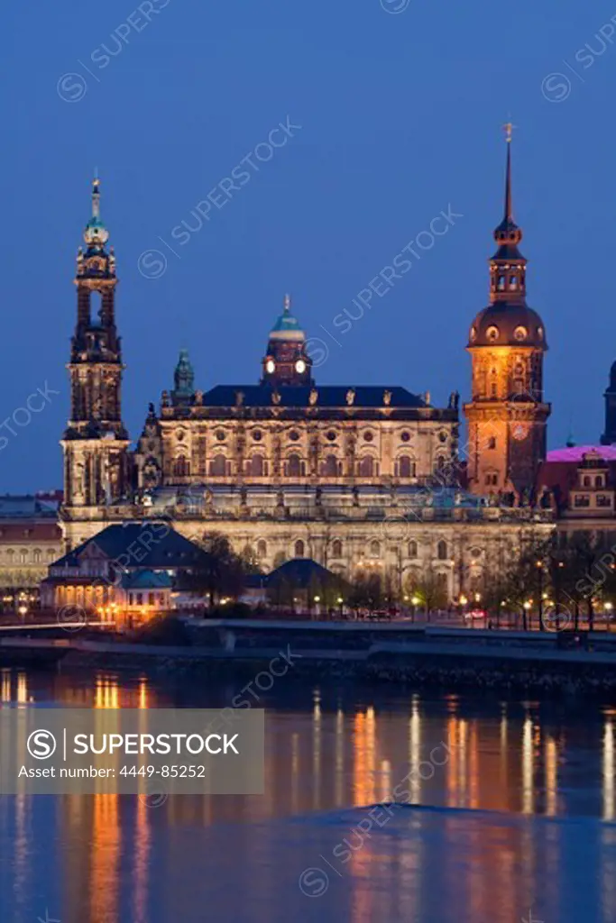 Evening view of the city with Elbe River, Staendehaus, Hofkirche and Hausmannsturm, tower of the Dresden Castle, Dresden, Saxony, Germany