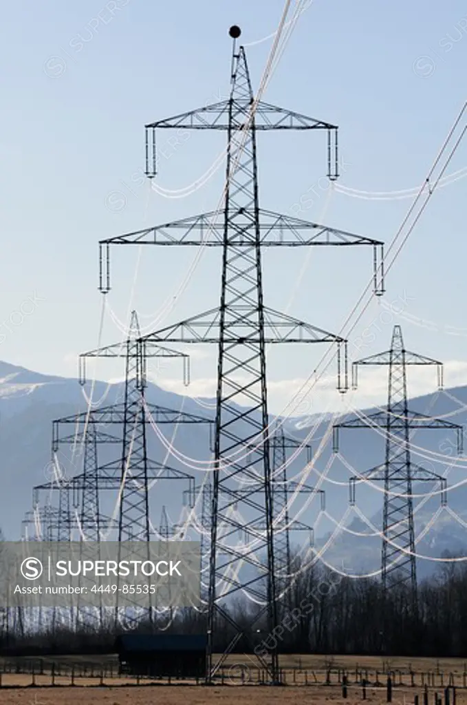 Pylons and high voltage lines, Salzachtal valley, Salzburg, Austria