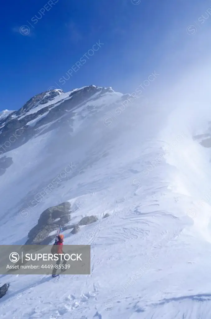 Woman ascending to mount Rotes Beil, Pfitschertal, Zillertal Alps, South Tyrol, Trentino-Alto Adige/Suedtirol, Italy