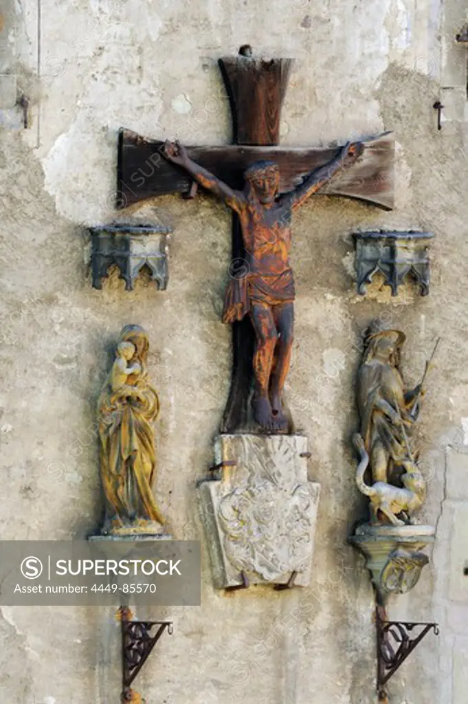 Figure of Christ on the facade of castle Altes Schloss, Meersburg, lake Constance, Baden-Wuerttemberg, Germany