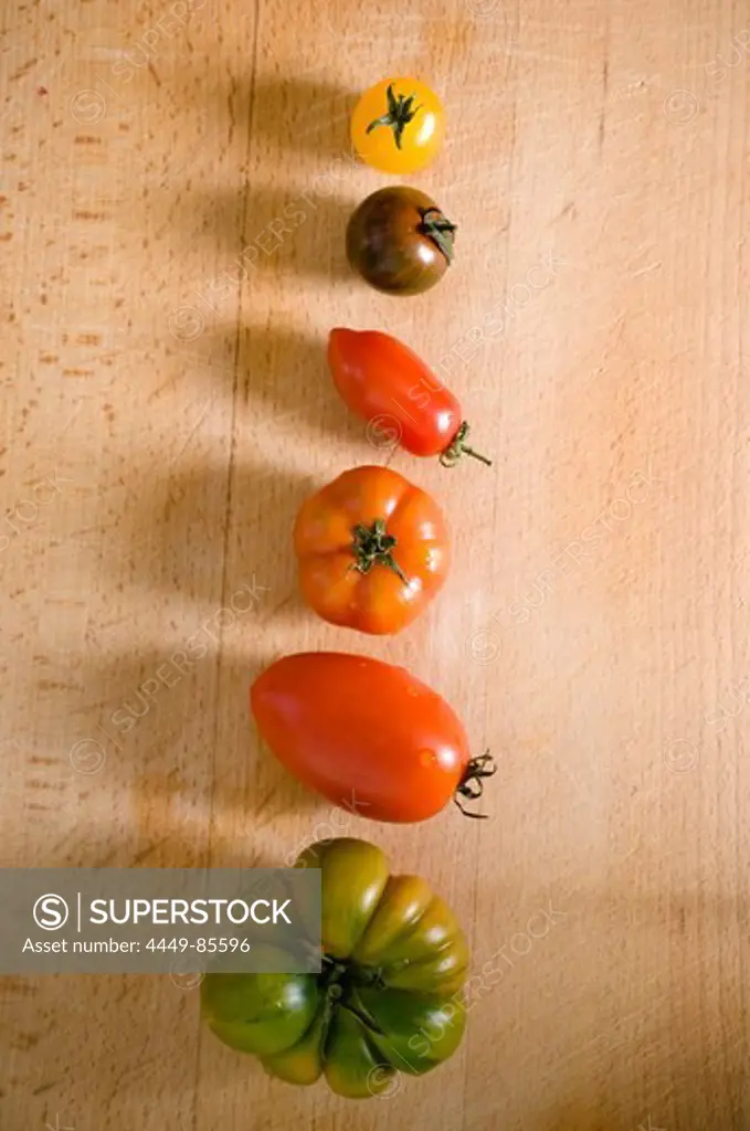 Different coloured tomatoes in a line, Healthy food, Vegetable, Fruit