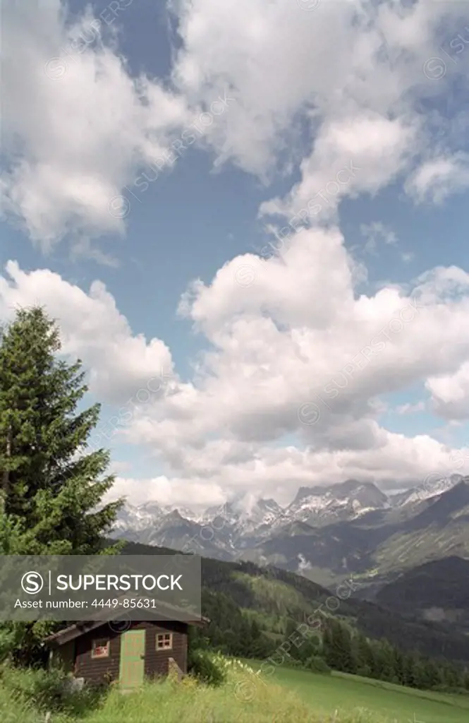 Mountainous landscape and alpine hut, Stodertal, Upper Austria, Austria, Alps, Europe