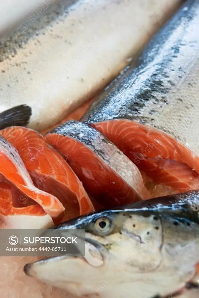 Close up of salmon on the Malmoe fish market, Malmoe, Skane, South Sweden, Sweden