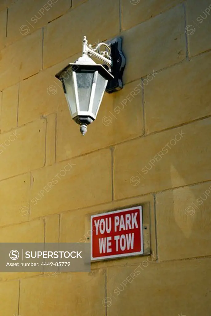 Lantern and no-parking advice in Victoria, Rabat, Gozo Island, Malta, Mediterranean, Europe