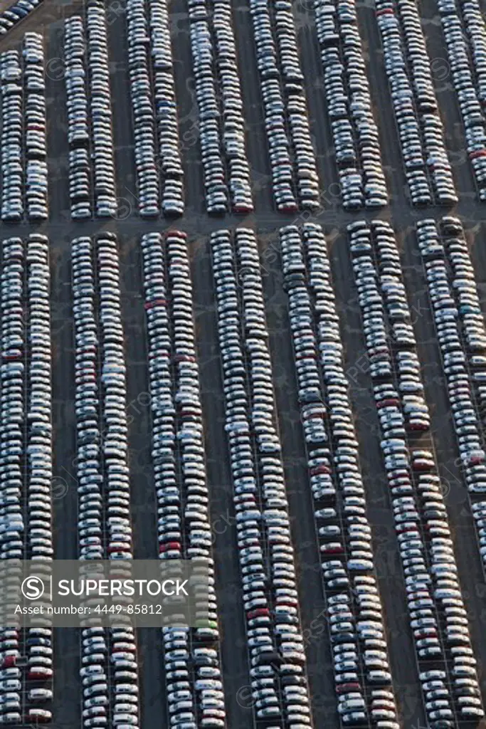 Aerial view of many parked vehicles at Volkswagen automobile plant, Wolfsburg, Lower Saxony Germany