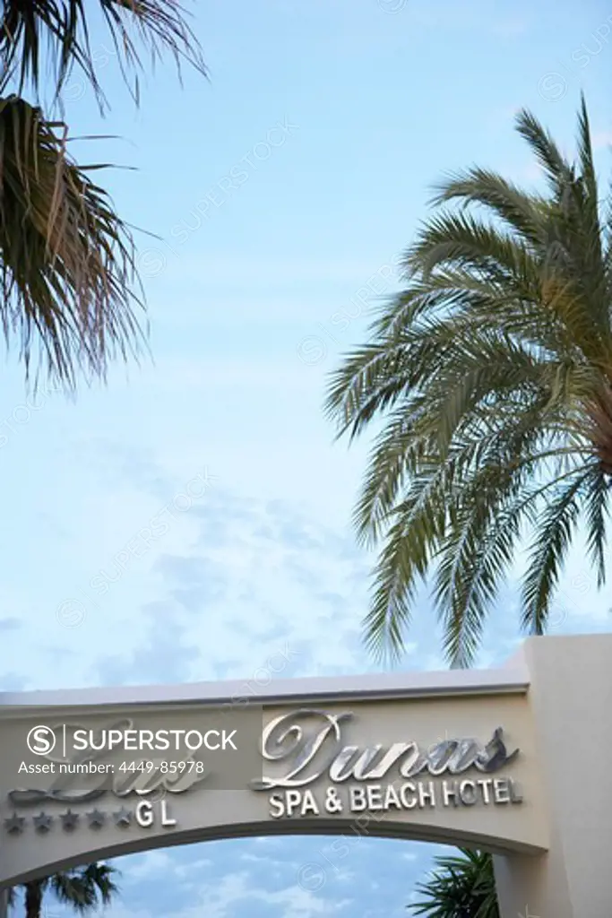 Front gate with palm trees, Las Dunas Hotel, Estepona, Malaga, Spain