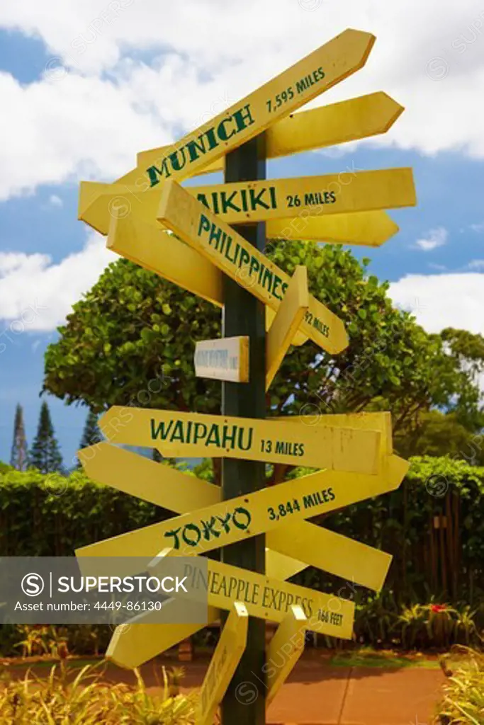 Signpost at the Dole Plantation Hawaii, Oahu, Hawaii, USA, North America, America