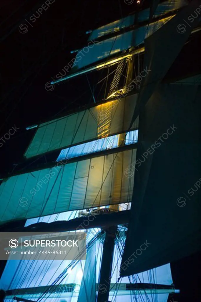 Festively illuminated sails aboard sailing cruiseship Royal Clipper, Mediterranean Sea, Europe