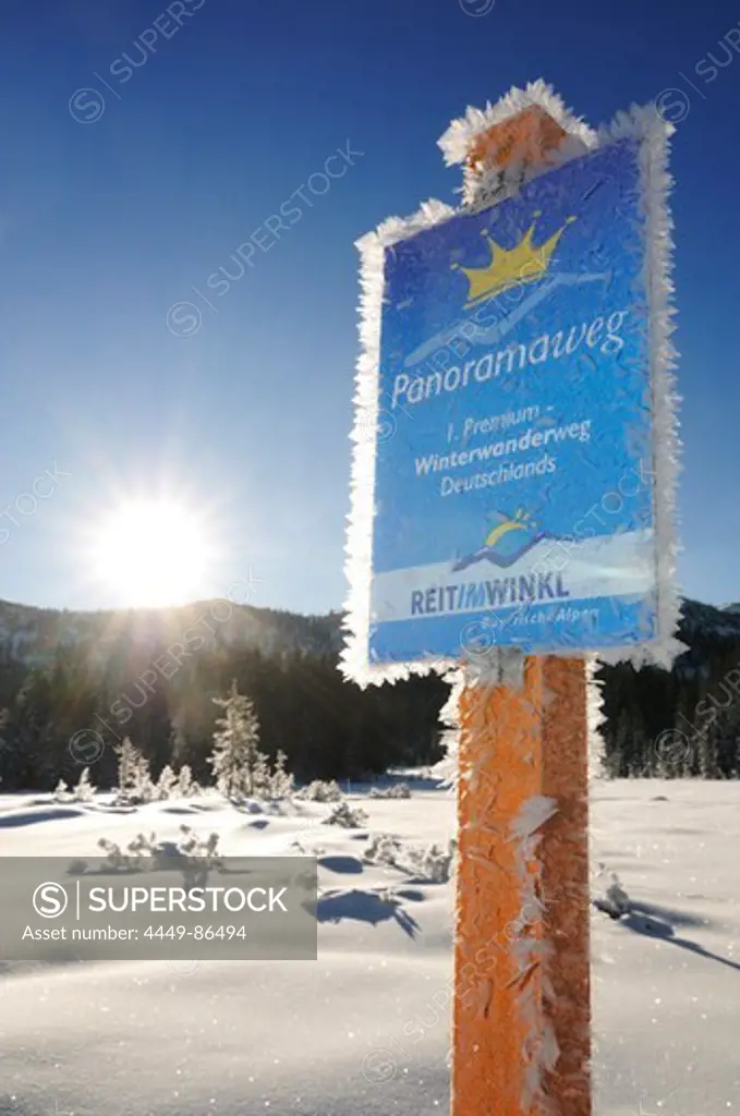 Frosted sign in winter landscape, Hemmersuppenalm, Reit im Winkl, Chiemgau, Upper Bavaria, Bavaria, Germany, Europe