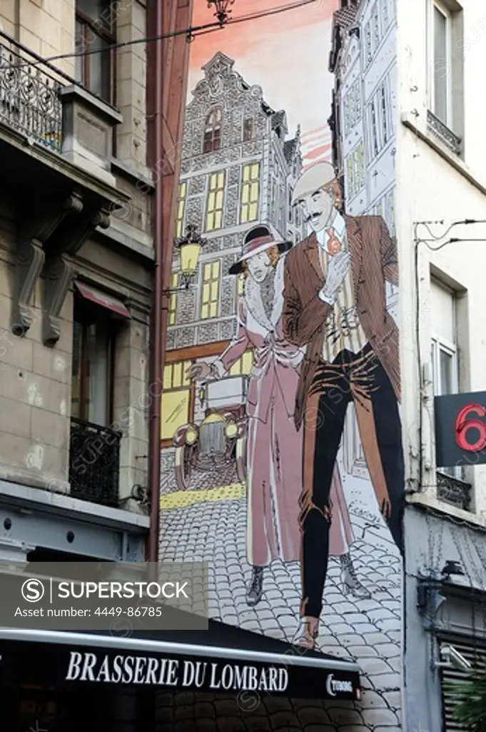 Comic characters on the blind wall of a house at the city centre, Brussels, Belgium, Europe