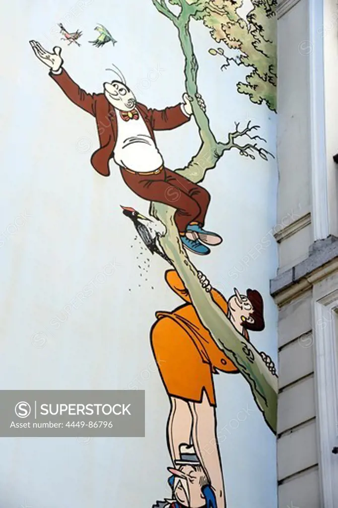 Comic characters on the blind wall of a house, Art Mural, Brussels, Belgium, Europe