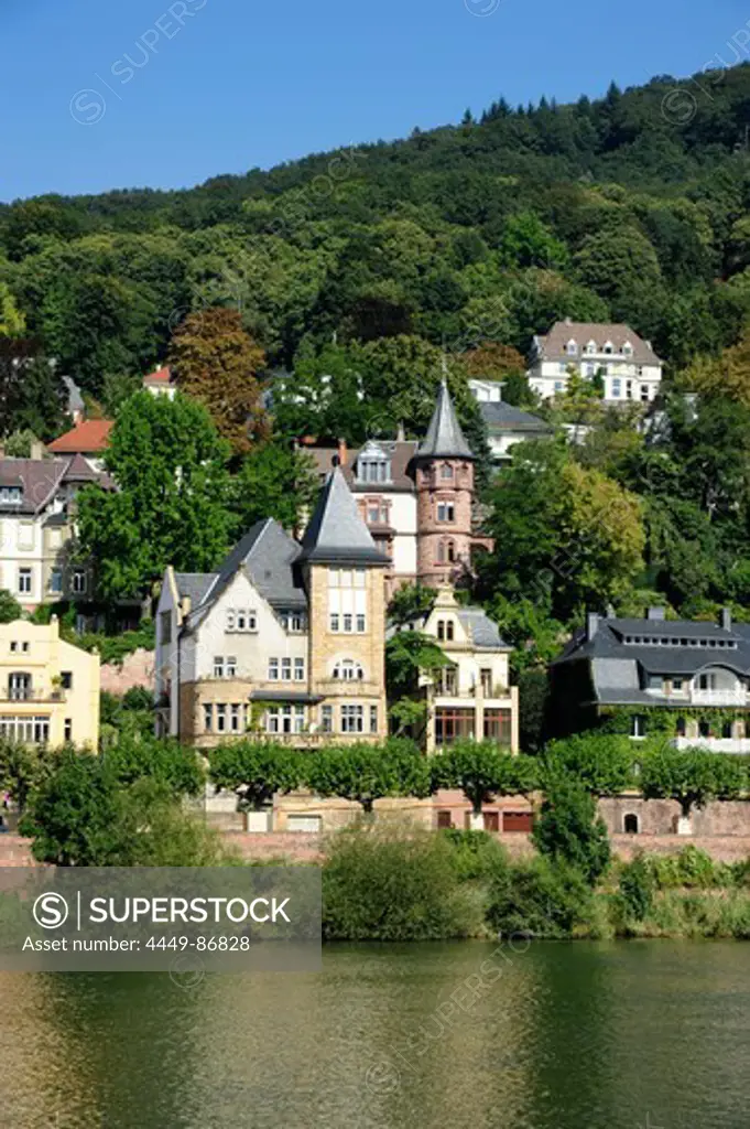 Riverine houses at villa quarter, Heidelberg, Neckar Valley, Baden-Wuerttemberg, Germany, Europe