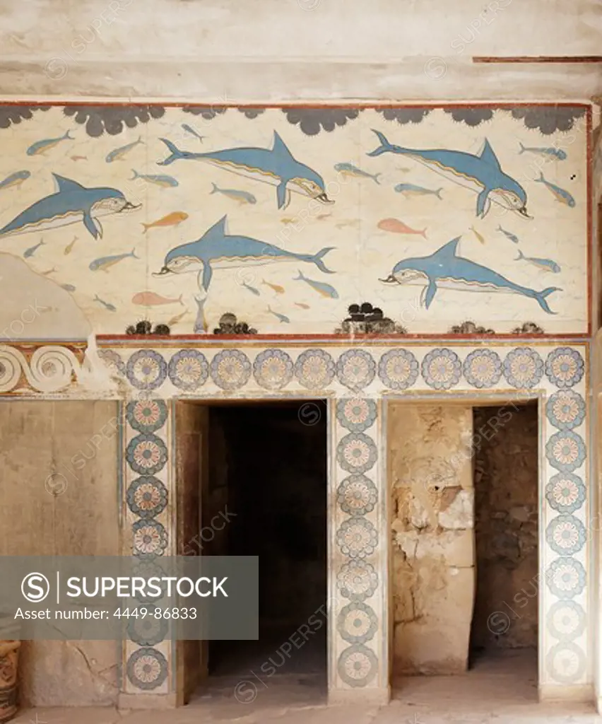 Dolphin frescoes in the Queen's Megaron, Palace of Knossos, Knossos, Crete, Greece