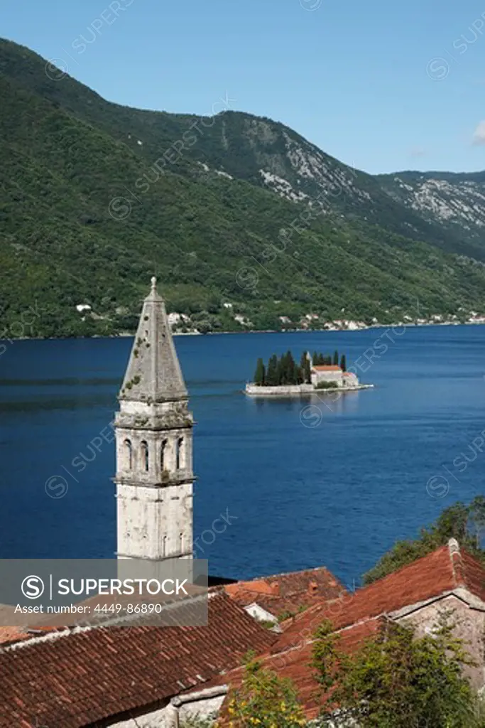 View of Sveti Nikola church with bell tower, in the background Gospa od Skrpjela island, Perast, Bay of Kotor, Montenegro, Europe