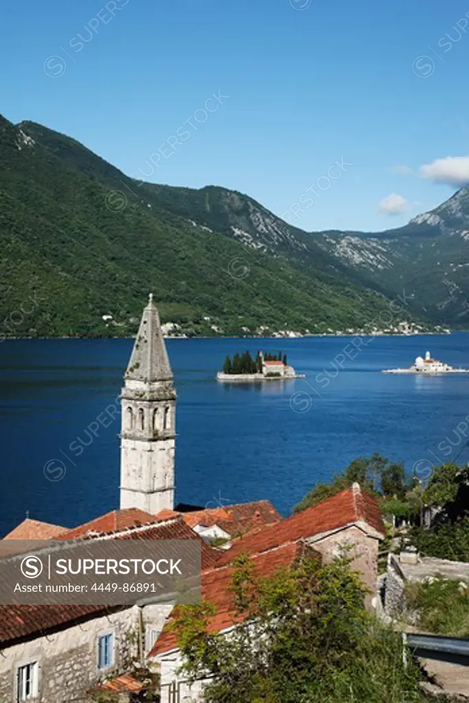 View of Sveti Nikola church with bell tower, in the background Gospa od Skrpjela island and Sveti Dorde island, Perast, Bay of Kotor, Montenegro, Europe