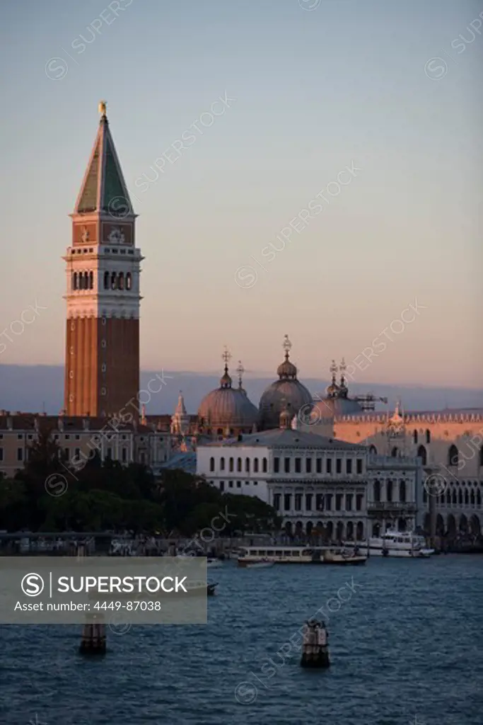 Campanile tower, Campanile di San Marco and Basilica di San Marco seen from cruise ship MS Delphin, Venice, Veneto, Italy, Europe