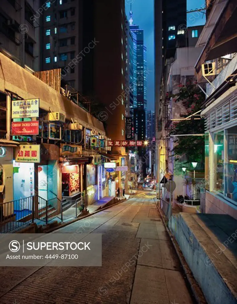 Graham Street, Tsung Wing Lane by night, Soho, Hong Kong, China