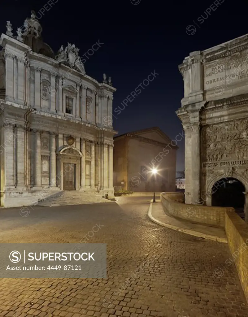 Santi Luca e Martina (l), Arch of Septimius Severus (r) at night, Rione Campitelli, Roma, Latium, Italy