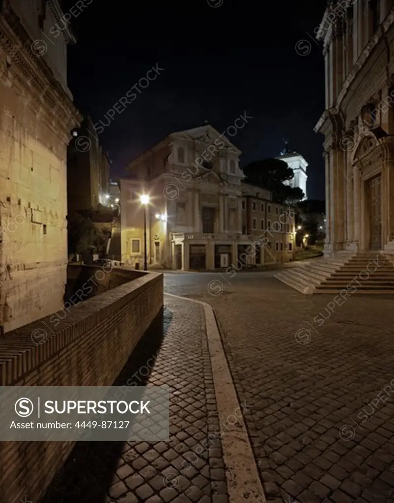 Church of San Giuseppe dei Falegnam (c), Santi Luca e Martina (r) at night, Rione Campitelli, Roma, Latium, Italy