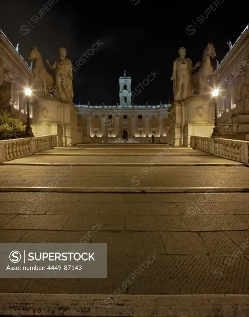 Piazza del Campidoglio at night with the facade of Palazzo Senatorio in the background, Roma, Latium, Italy