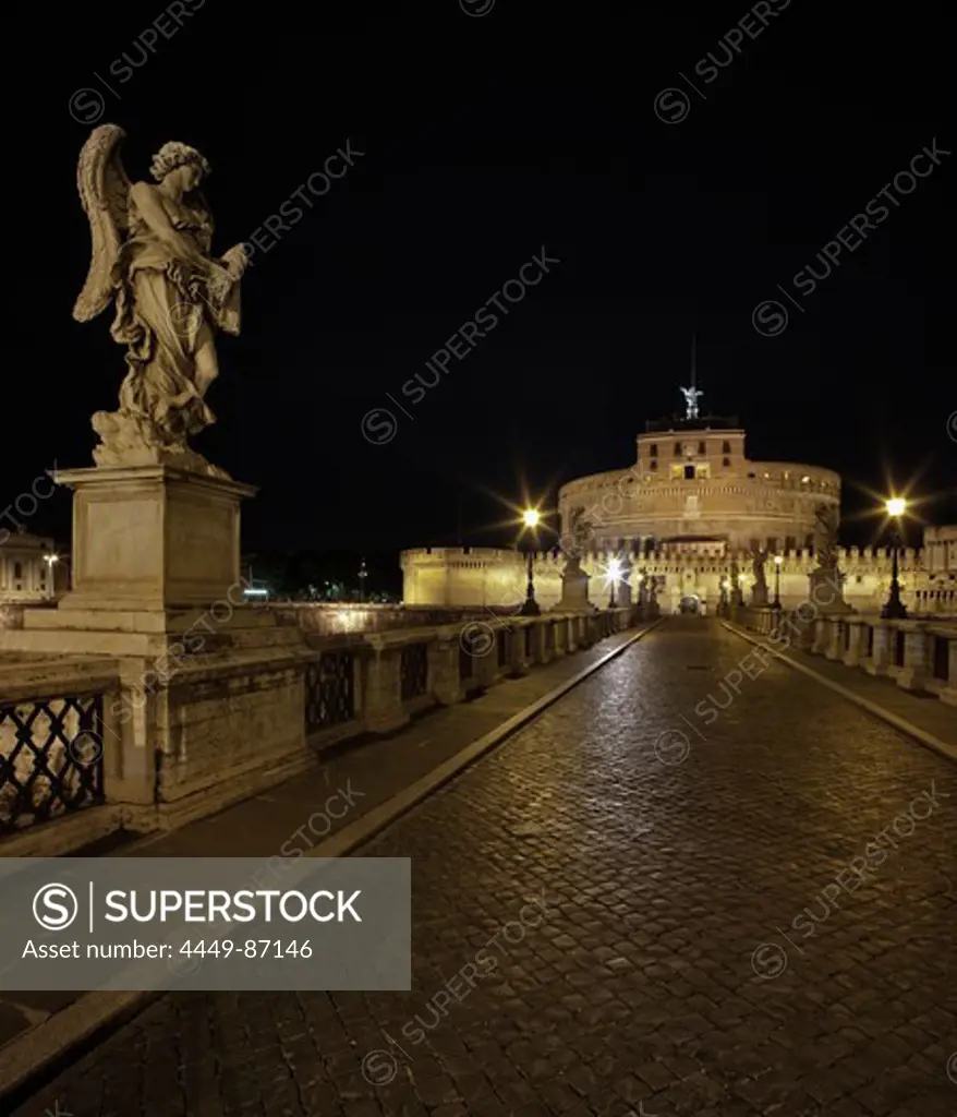 Ponte Sant Angelo and Castel Sant Angelo at night, Roma, Latium, Italy
