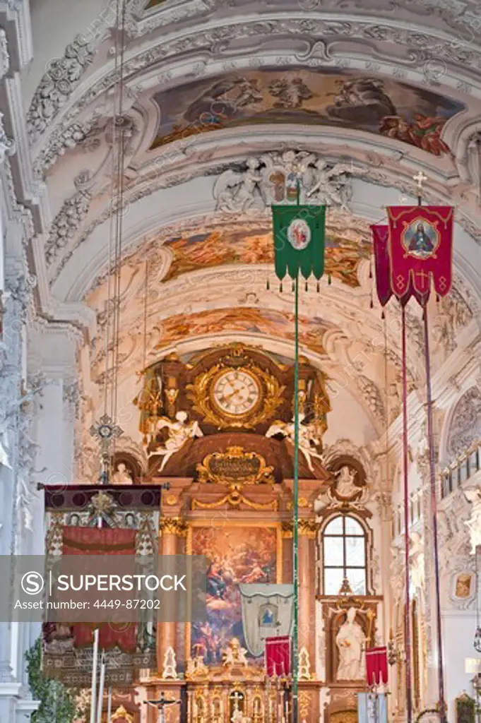 Interior decoration of a curch and flaggs of the Corpus Christi procession, Benediktbeuern, Alpine foreland, Upper Bavaria, Bavaria, Germany