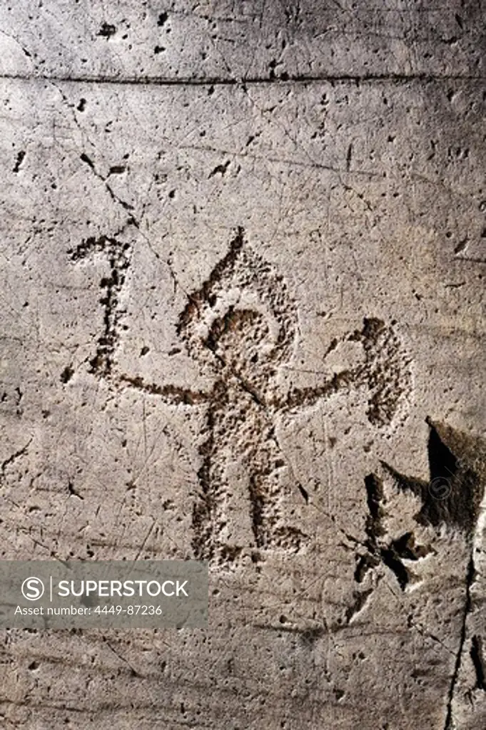 Warrior with weapon, shield and helmet, Etruscan rock drawing, Seradina, Val Camonica, UNESCO World Heritage Site Val Camonica, Lombardy, Italy, Europe