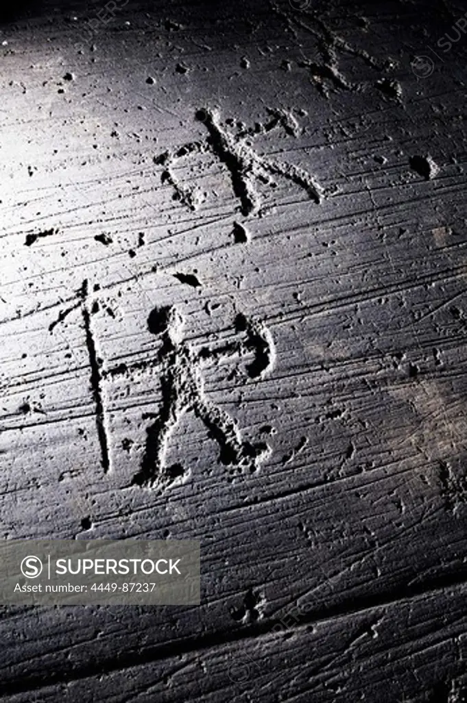 Warrior with spear and shield, Etruscan rock drawing, Seradina, Val Camonica, UNESCO World Heritage Site Val Camonica, Lombardy, Italy, Europe