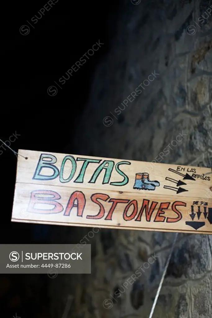 Sign for mountain boot shelves, Carros de Foc, Aiguestortes i Estany de Sant Maurici National Park, Catalonia, Spain
