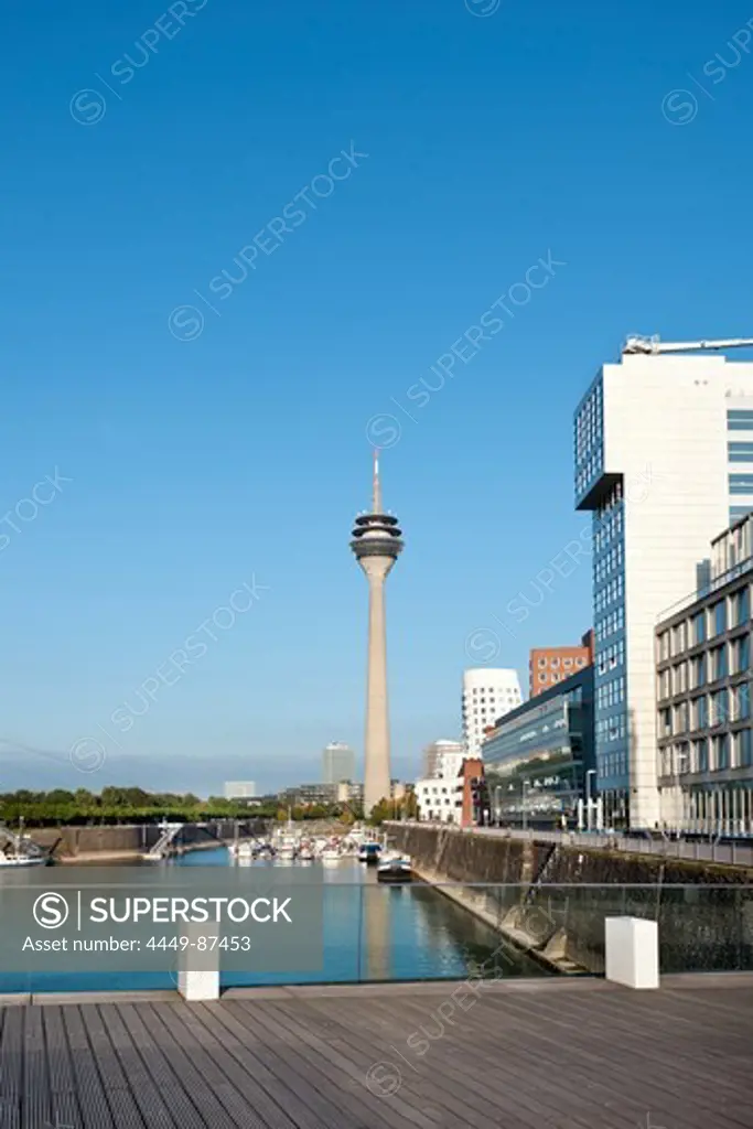 Media Harbour and television tower in the sunlight, Duesseldorf, Duesseldorf, North Rhine-Westphalia, Germany, Europe