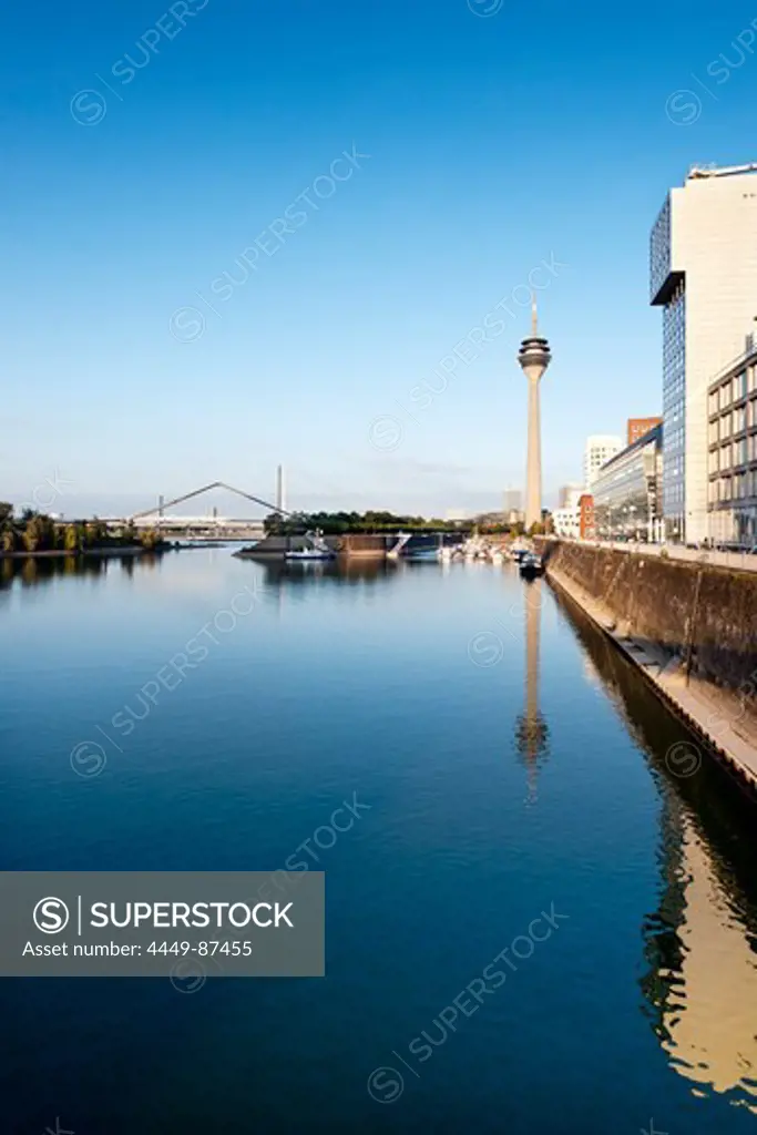 Media Harbour and television tower under blue sky, Duesseldorf, Duesseldorf, North Rhine-Westphalia, Germany, Europe