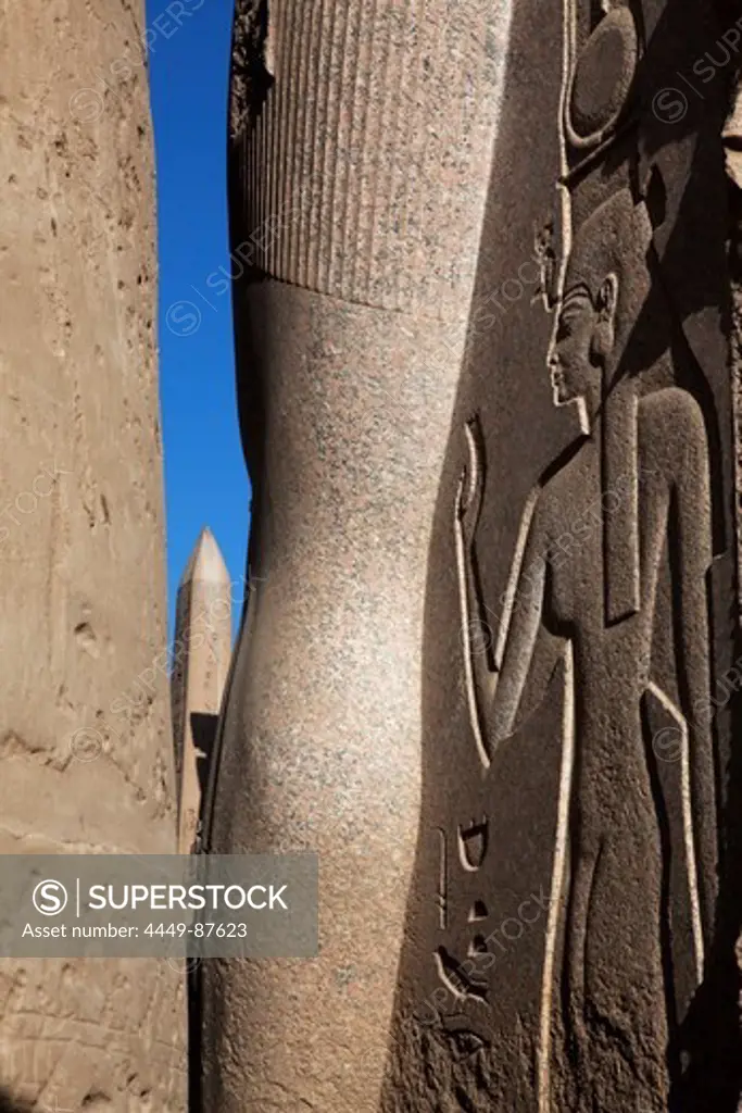 Detail of the leg of the colossal statue of Ramses II, Luxor Temple, Luxor, Great court of Ramesses II, Luxor Temple, Luxor, Egypt, Africa