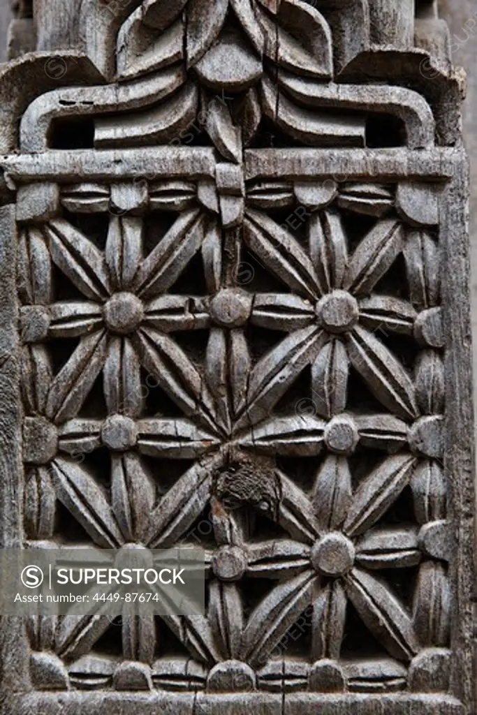 Detail in a carved wooden door, Stonetown, Zanzibar City, Zanzibar, Tanzania, Africa