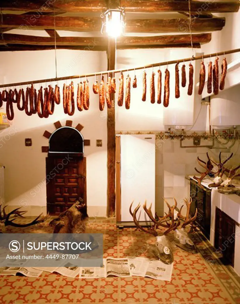 Sausages hung up to dry and hunting trophies, finca Arzuaga, near Quintanilla, Castile and León, Spain