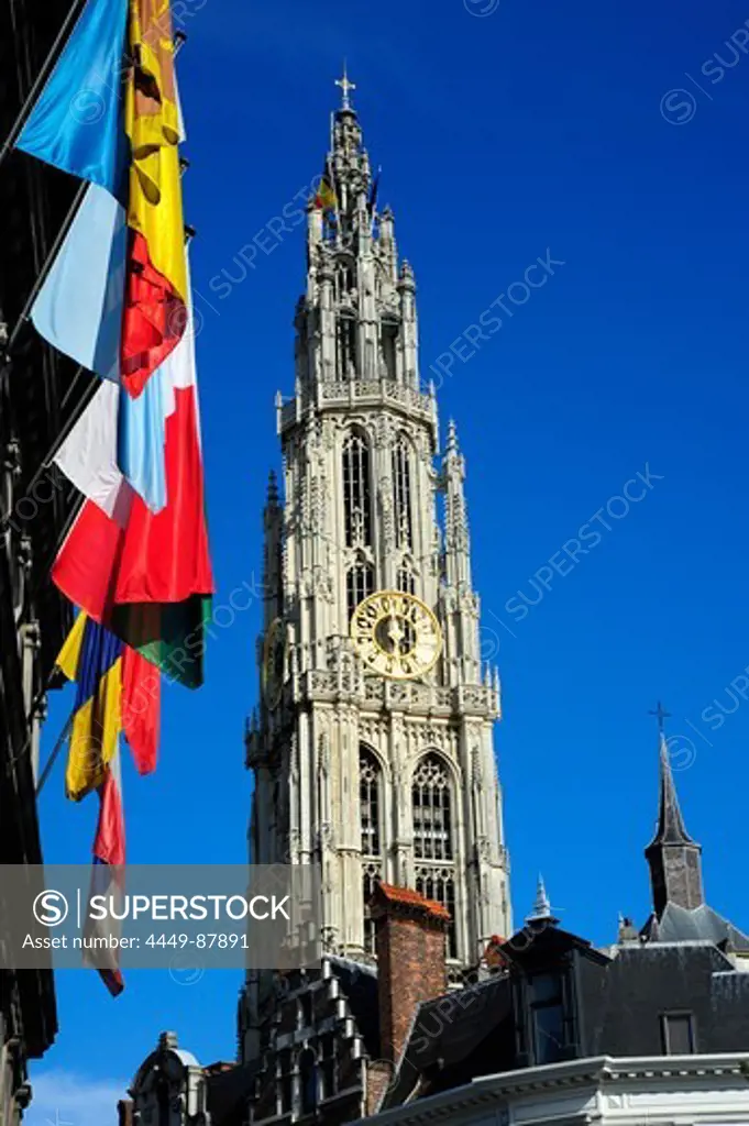 Tower of the cathedral, gothic church in the city centre, Antwerp, Anvers, Flanders, Belgium, Benelux