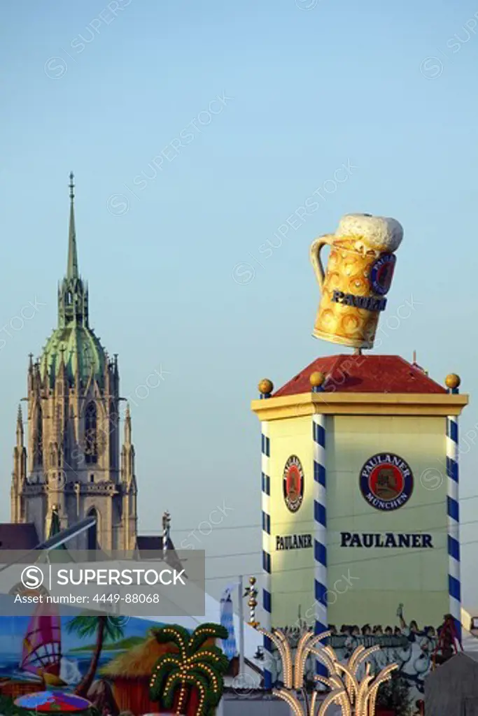 St Pauls church and Oktoberfest, Theresienwiese, Munich, Bavaria, Germany, Europe, Europe