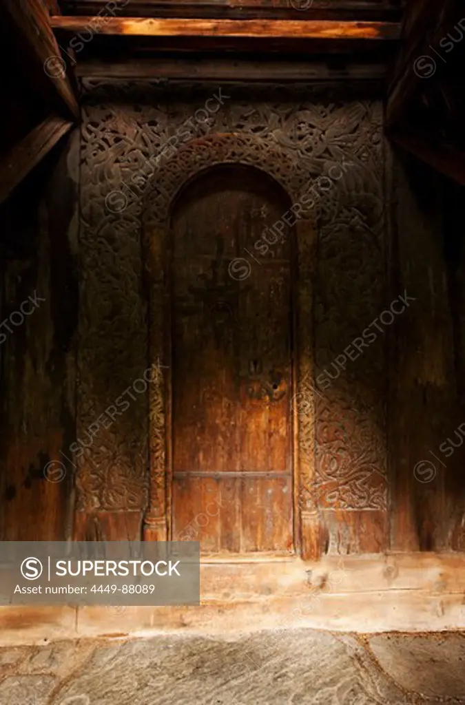 Borgund stave church with carvings around the door, Norwegian wood construction, oldest wood construction in Europe, Laerdal, Sogn og Fjordane, Sognefjord, Norway, Scandinavia, Europe